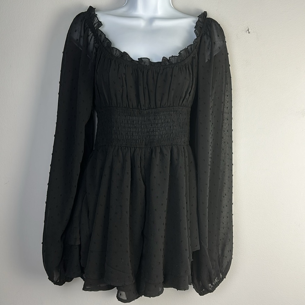 Urban Outfitters Rosie Clip Dot Smocked Long Sleeve Romper SM Black Fairygoth - Picture 2 of 16